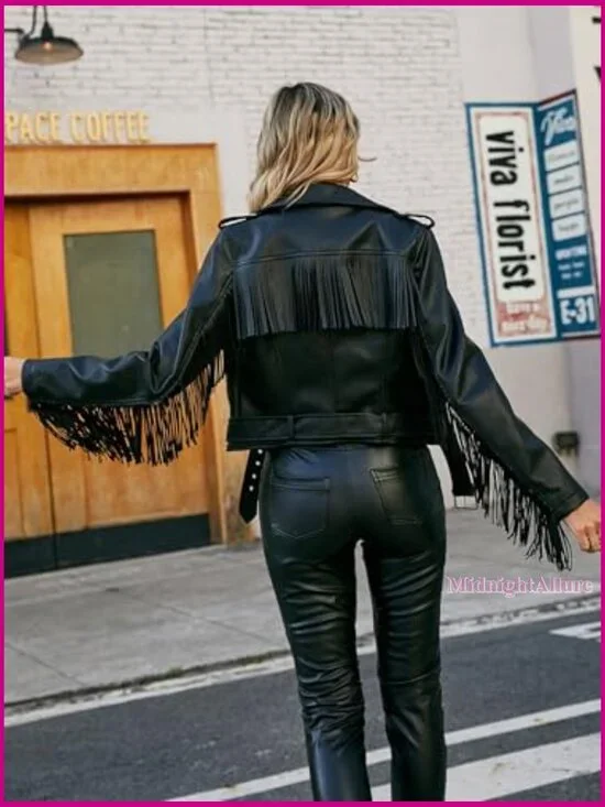 Short Faux Leather Moto Jacket with Tassel Trim and Belt - Picture 2 of 7